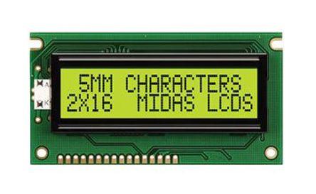 Midas A Monochrom LCD, Alphanumerisch Zweizeilig, 16 Zeichen, Hintergrund Gelbgrün Reflektiv, 8-Bit Interface