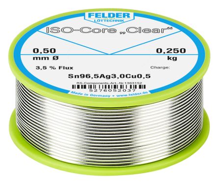 Felder Lottechnik Felder Löttechnik ISO-Core Clear Lötzinn Bleifrei 96.5%Sn 0%Pb 0.5%Cu 3%Ag, 217°C, Ø 0.5mm / 250g