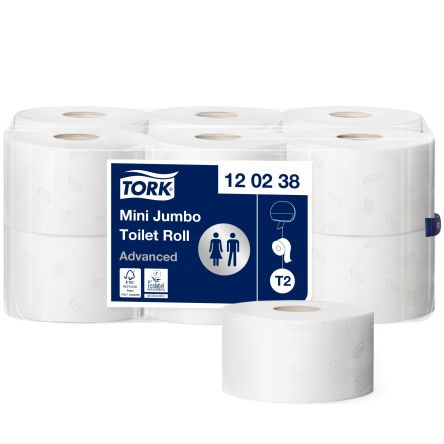 Tork Rollo De Papel Higiénico Blanco 120238, 12 Rodillos, 850 Hojas, 2 Capas Mini Jumbo Advanced Mini Jumbo