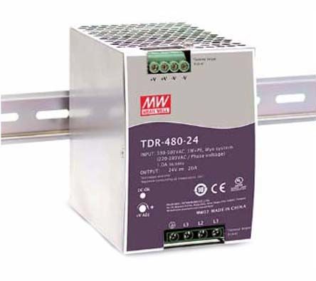 MEAN WELL TDR 3-Phasen Switch-Mode DIN-Schienen Netzteil 480W, 340 → 550 V Ac, 480 → 780 V Dc, 24V Dc /
