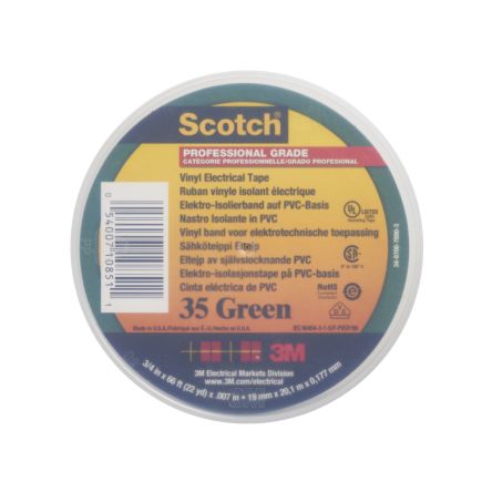 3M Cinta Aislante De PVC Scotch™ 35 De Color Verde, 19mm X 20m, Grosor 0.18mm