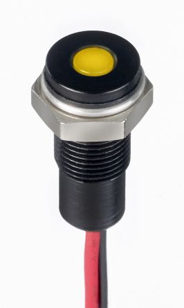 RS PRO Yellow Panel Mount Indicator, 21.6 → 26.4V Dc, 6mm Mounting Hole Size, Lead Wires Termination, IP67