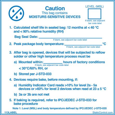 SCS Blue Paper ESD Label, Moisture Sensitive Caution Label-Text 102 Mm X 102mm