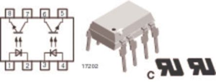 Vishay THT Dual Optokoppler / Phototransistor-Out, 8-Pin DIP, Isolation 5,3 KV Eff