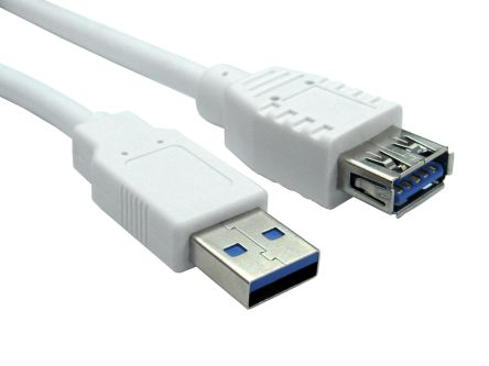 RS PRO USB延长线 USB线, USB A公插转USB A母座, 1.8m长, USB 3.0, 白色