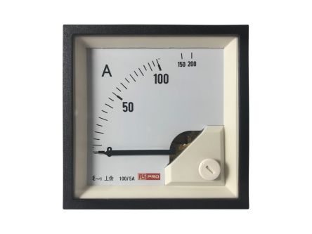 RS PRO Analogue Panel Ammeter 10 (Input) A, 100/5 (CT) A, 200 (Scle) A AC, 68mm X 68mm, 1 % Moving Iron