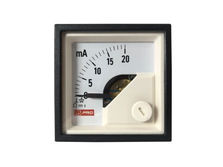 RS PRO Amperemeter 20 (Input)mA DC Drehspule, 45mm X 45mm T. 54 (<30 A)mm, 0 → 20 (Input)mA / 1 %