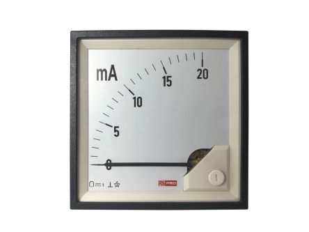 RS PRO Amperemeter 20 (Input)mA DC Drehspule, 92mm X 92mm T. 54 (<4 A)mm, 0 → 20 (Input)mA / 1 %