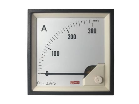 RS PRO Analogue Panel Ammeter 0/300A For Shunt 75mV DC, 92mm X 92mm, 1 % Moving Coil