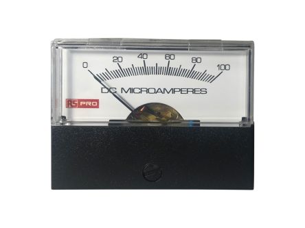 RS PRO Analogue Panel Ammeter 100 (Input)μA DC, 57mm X 44mm, ±1.5 % Moving Coil