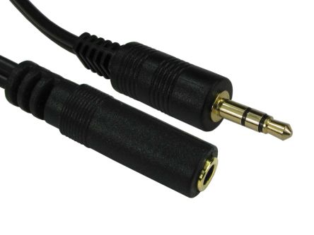 RS PRO AUX音频线, 3.5 mm 立体声插孔至3.5 mm 立体声插孔, 5m长, 黑色