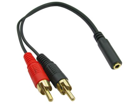 RS PRO Male 3.5mm Stereo Jack To Male RCA X 2 Aux Cable, Black, 200mm