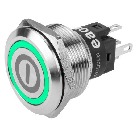 EAO 82 Series Illuminated Push Button Switch, Momentary, Panel Mount, 22.3mm Cutout, SPDT, Green LED, 240V, IP65, IP67