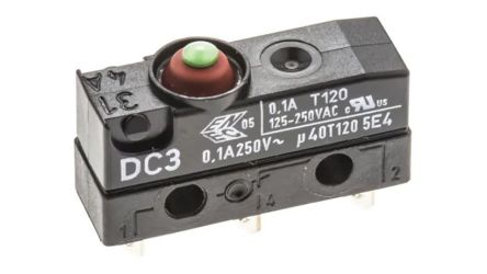 ZF 微动开关, 按钮式类型, 焊接端, 触点额定电流 100 mA @ 30 V dc, SPDT