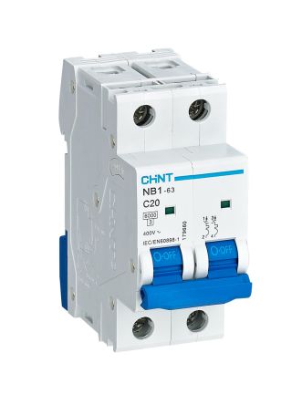 CHINT Interruptor Automático 2P, 20A, Curva Tipo C, Poder De Corte 6 KA NB1-2-20C, Montaje En Carril DIN