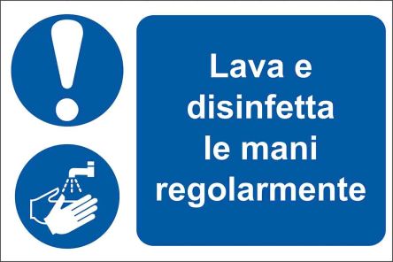 RS PRO Gebotszeichen Lava E Disinfetta Le Mani Regorlamente Mit Piktogramm: Hände Waschen, PVC Selbstklebend