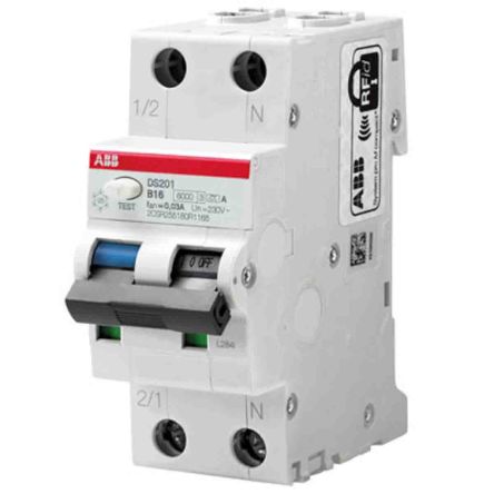 ABB RCBO System Pro M Compact DS201 FI/LS-Schalter 16A, 2-polig, Empfindlichkeit 100mA, DIN-Schienen-Montage