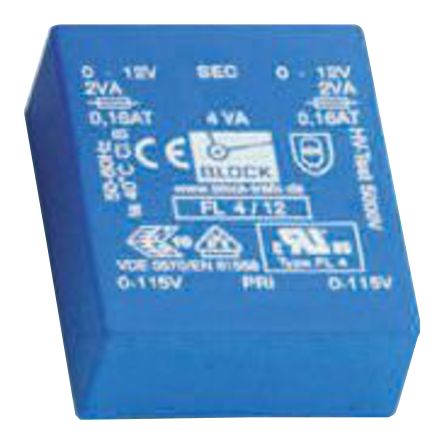 Block PCB变压器, 6V 交流次级电压, 4VA, 115V ac, 230V ac初级电压, 2输出
