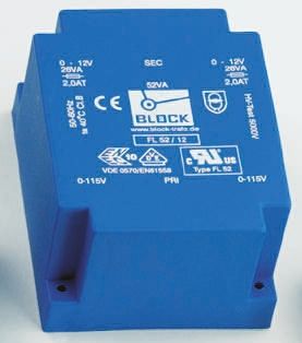 Block PCB变压器, 18V 交流次级电压, 42VA, 115 V ac, 230 V ac初级电压, 2输出