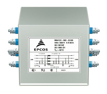 EPCOS B84131 Entstörfilter, 250 V Ac, 440 V Ac, 35A, Flanschmontage, Schraub, 3-phasig 0,064 MA / 50 → 60Hz