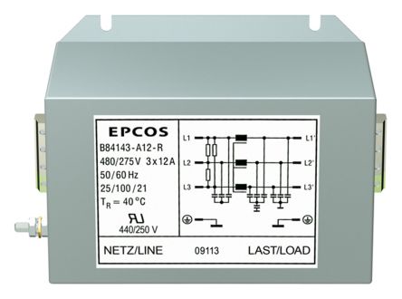 EPCOS B84143A*R000 Entstörfilter, 440 V Ac, 16A, Flanschmontage, Schraub, 3-phasig 0,224 MA / 50 → 60Hz