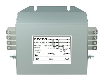 EPCOS B84144A*R000 Entstörfilter, 250 V Ac, 440 V Ac, 16A, Flanschmontage, Flachstecker, 3-phasig 1,11 MA / 50 →