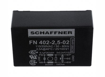 Schaffner FN402 Entstörfilter, 250 V Ac, 2.5A, Durchsteckmontage, Pin, 1-phasig 0,373 MA / 400Hz Single Stage Zustände
