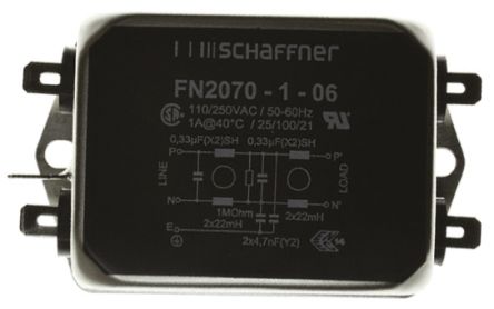Schaffner FN2070 Entstörfilter, 250 V Ac, 1A, Gehäusemontage 2.4W, Flachstecker, 1-phasig 0,734 MA / 400Hz Two Stage