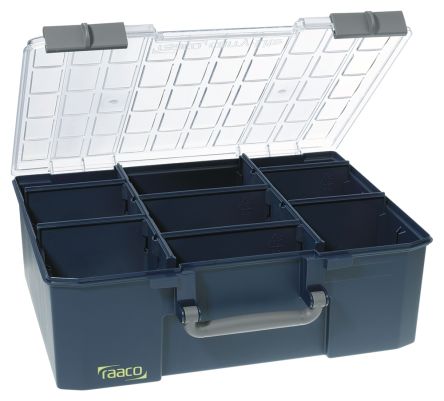 Raaco 零件收纳盒, 9储物格, 415mm x 150mm x 330mm, 带透明盖板, PC，PP, 蓝色