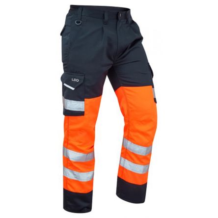 Leo Workwear Pantalones De Alta Visibilidad, Talla 30plg, De Color Naranja/azul Marino, Resistente A Manchas,