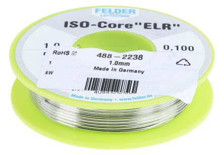 Felder Lottechnik Felder Löttechnik ISO-Core ELR Lötzinn Bleifrei 95.5%Sn 0%Pb 0.7%Cu 3.8%Ag, 217°C, Ø 1mm / 100g