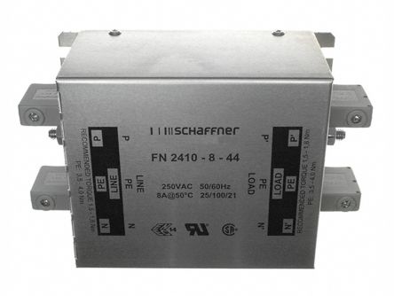 Schaffner Filtro RFI, 8A, 250 Vac, 400Hz, Montaje En Panel, Con Terminales Tornillo 3,4 MA, Serie FN2410, 1 Fase Phase