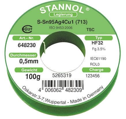 Stannol HF32 Halogenfreies Lötzinn Bleifrei 95.5%Sn 0%Pb 0.7%Cu 3.8%Ag, 217°C, Ø 0.5mm / 100g