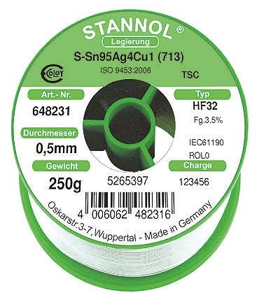 Stannol HF32 Halogenfreies Lötzinn Bleifrei 95.5%Sn 0%Pb 0.7%Cu 3.8%Ag, 217°C, Ø 0.5mm / 250g