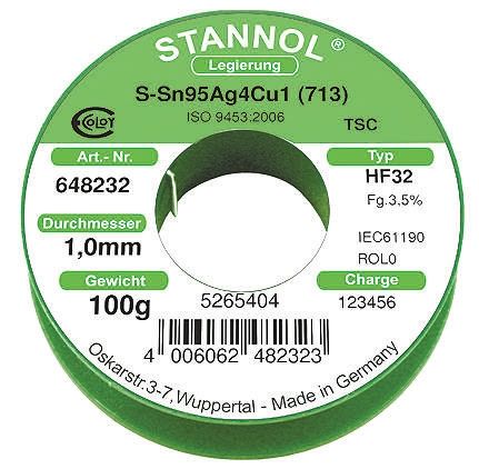 Stannol HF32 Halogenfreies Lötzinn Bleifrei 95.5%Sn 0%Pb 0.7%Cu 3.8%Ag, 217°C, Ø 1mm / 100g