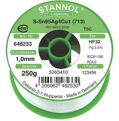 Stannol HF32 Halogenfreies Lötzinn Bleifrei 95.5%Sn 0%Pb 0.7%Cu 3.8%Ag, 217°C, Ø 1mm / 250g