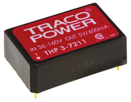 TRACOPOWER THP 3 DC-DC Converter, 5V Dc/ 600mA Output, 9 → 40 V Dc Input, 3W, Through Hole, +85°C Max Temp -40°C