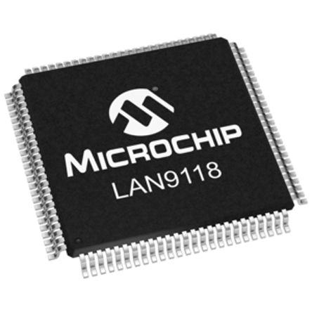 Microchip Controlador Ethernet, LAN9118-MT, PCI, MII, 10Mbps, TQFP, 100-Pines, 3,3 V