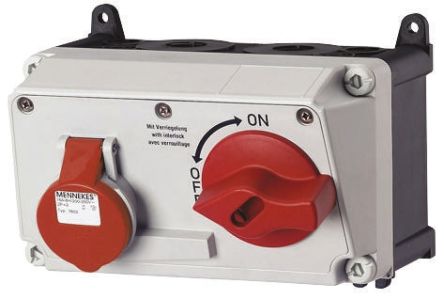 MENNEKES Right Angle Switchable IP44 Industrial Interlock Socket 3PN+E, Earthing Position 6h, 32A, 400 V
