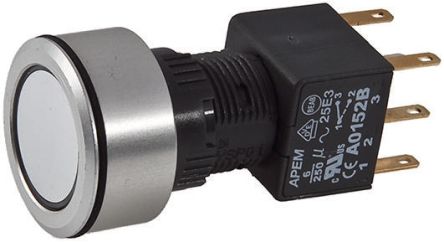 APEM Illuminated Push Button Switch, Momentary, Panel Mount, 16mm Cutout, DPDT, Amber LED, 250V Ac, IP65