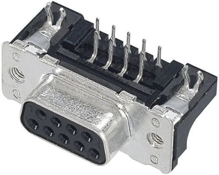 HARTING 9 Way Right Angle Through Hole D-sub Connector Socket, 2.74mm Pitch, With 4-40 UNC Threaded Inserts, Boardlocks