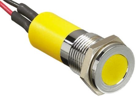 RS PRO Yellow Panel Mount Indicator, 12V Dc, 14mm Mounting Hole Size, Lead Wires Termination, IP67