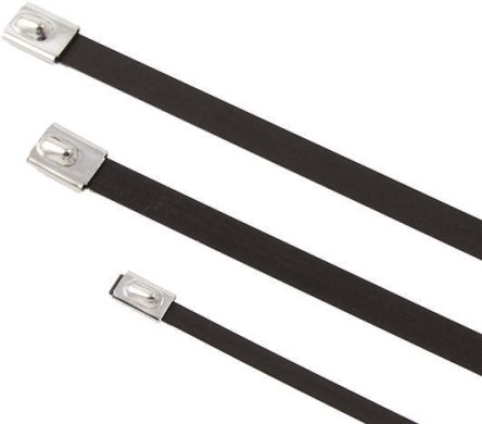 HellermannTyton Cable Tie, Roller Ball, 127mm X 4.6 Mm, Black Polyester Coated Stainless Steel, Pk-100