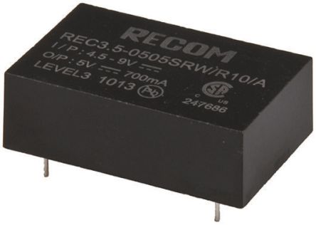 Recom REC3.5 DC-DC Converter, 12V Dc/ 290mA Output, 9 → 18 V Dc Input, 3.5W, Through Hole, +85°C Max Temp -40°C