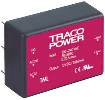 TRACOPOWER Alimentatore Switching TML 40115, 40W, Ingresso 100 → 375 V Dc, 90 → 264 V Ac, Uscita 15V Cc,