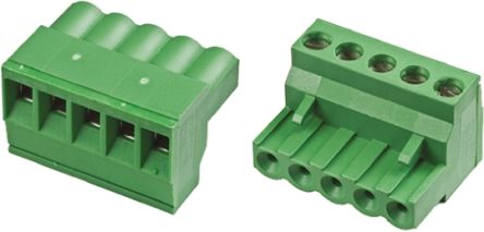 TE Connectivity Borne Enchufable Para PCB Hembra Ángulo De 90° De 6 Vías, Paso 5mm, 15A, De Color Verde, Montaje De