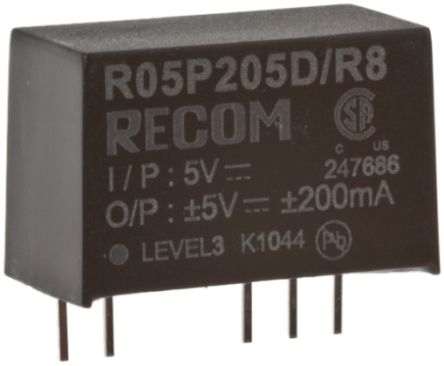 Recom R12P DC-DC Converter, ±5V Dc/ ±200mA Output, 10.8 → 13.2 V Dc Input, 2W, Through Hole, +85°C Max Temp