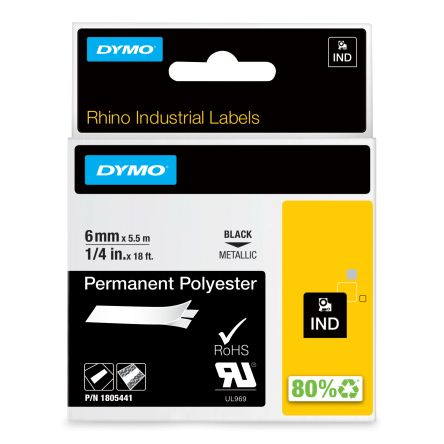 Dymo Cinta Para Impresora De Etiquetas, Color Negro Sobre Fondo Plata, 1 Roll, Para Usar Con Rhino 4200, Rhino 5200,