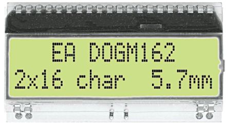 Display Visions Monochrom LCD, Alphanumerisch Zweizeilig, 16 Zeichen, Hintergrund Gelbgrün Reflektiv, 4-Bit, 8-Bit, SPI
