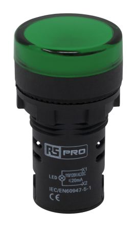 RS PRO Leuchtmelder 110V Ac Grün, Ausschnitt-Ø 22mm LED Tafelmontage IP 65 Schraub
